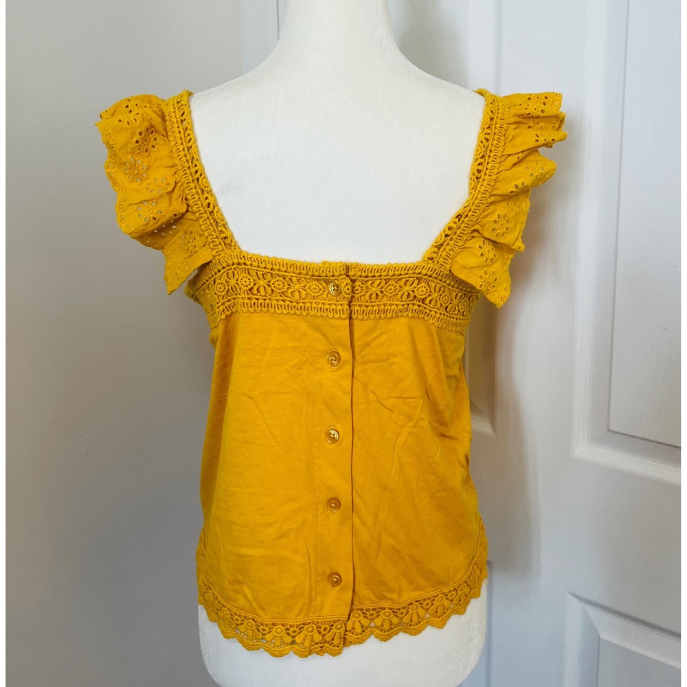 George Eyelet Tank Top Ruffle Sleeve Crochet Trim Yellow XS - Picture 5 of 7